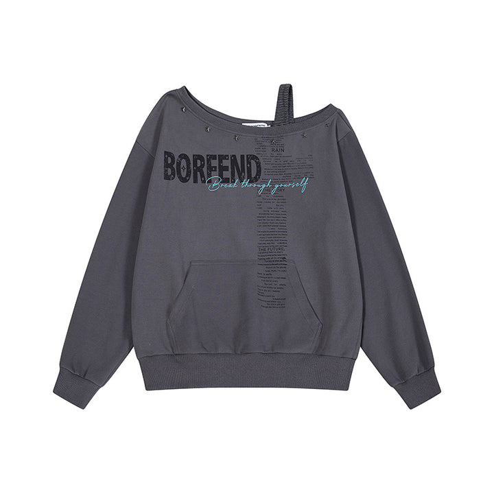 Women's Oversize Sweatshirt with Asymmetric One-Shoulder Strap, Kangaroo Pocket and Studs Mune Fashion