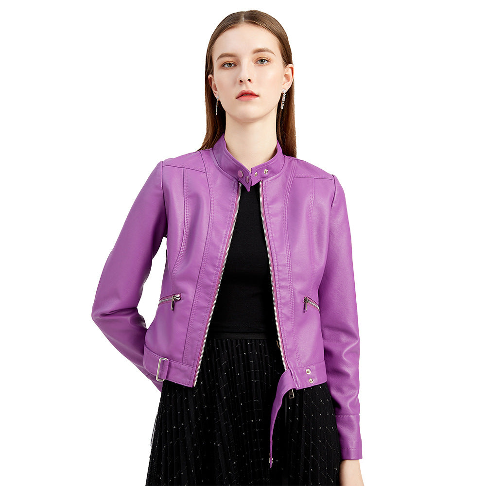 Women's short fitted faux leather jacket in racer style with stand-up collar and zip pockets Mune Fashion
