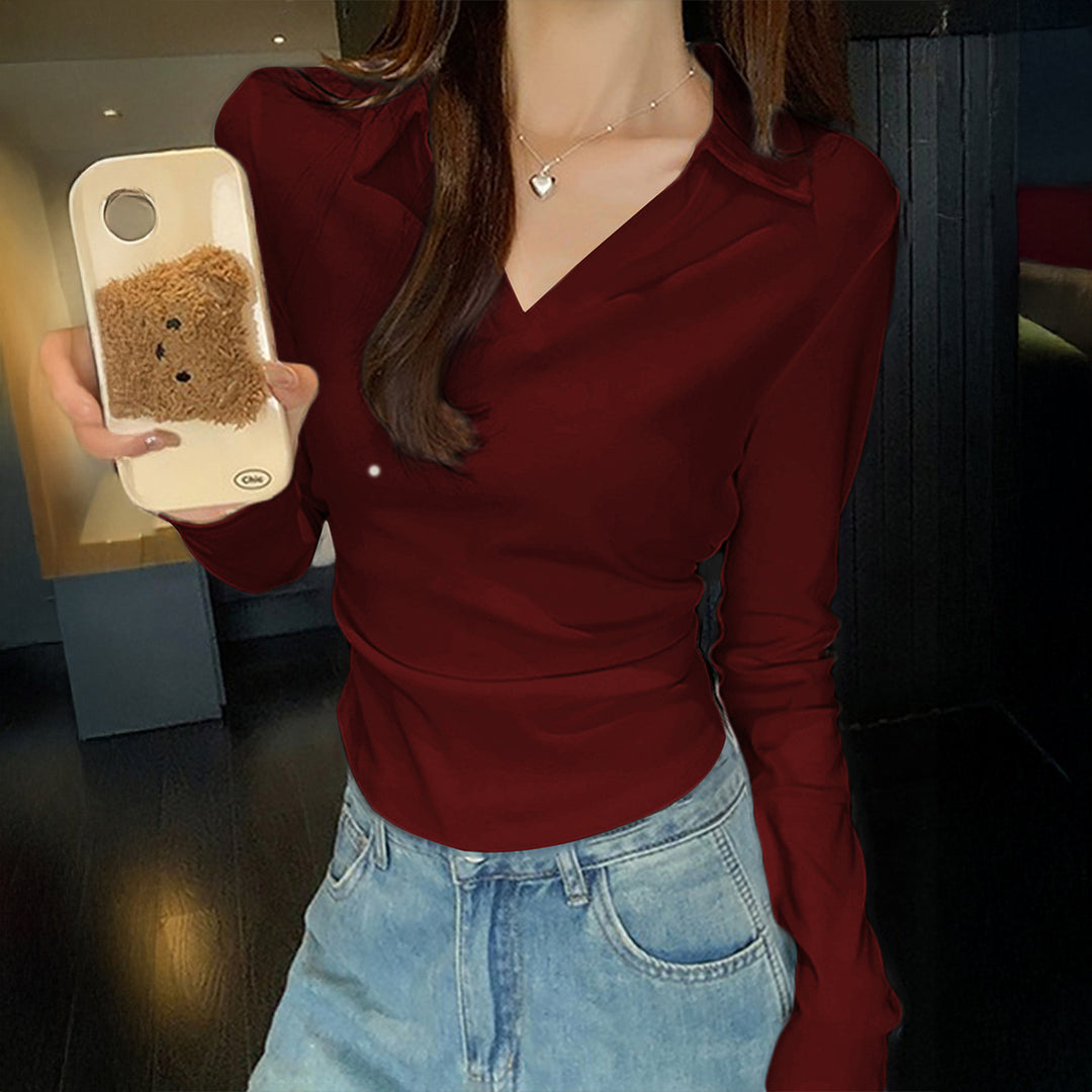 Women fitted long sleeve shirt with V-neck and shirt collar Mune Fashion