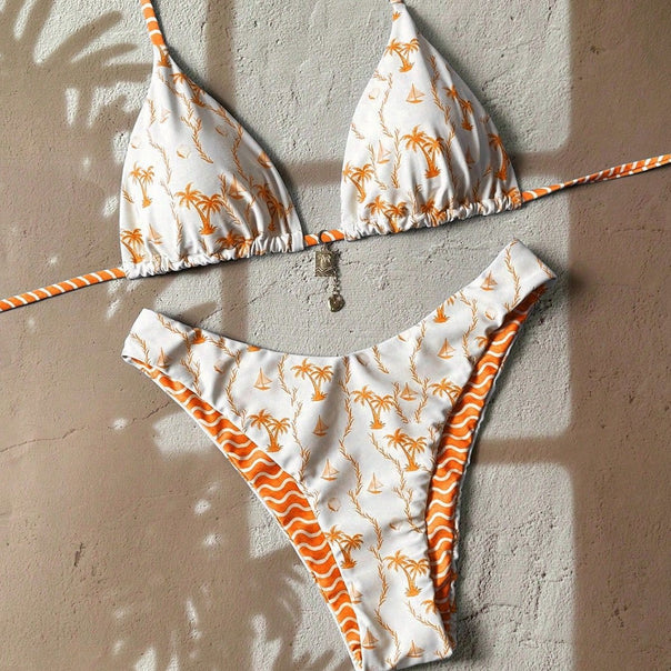 Women Triangle Bikini with Tropical Pattern Mune Fashion