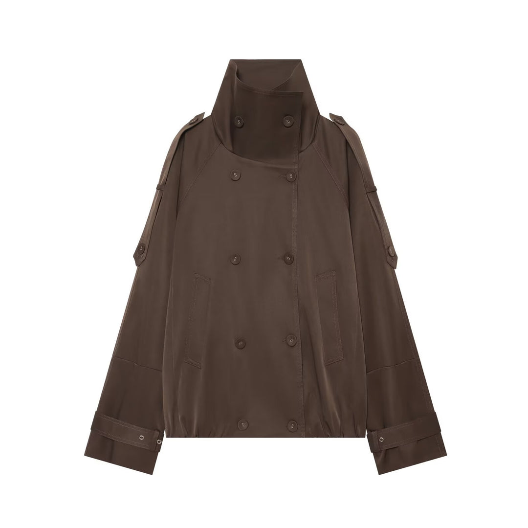 Women's Short Double-Breasted Cape Trench with High Funnel Neck and Sleeve Straps Mune Fashion