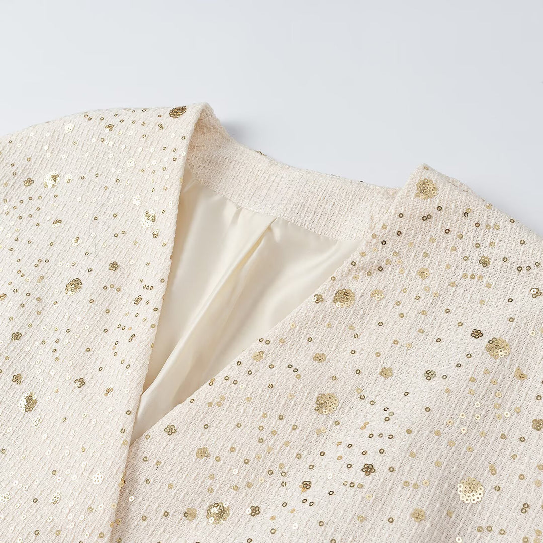 Women's Sleeveless Boucle Vest with Sequin Trim and V-Neck Dress
