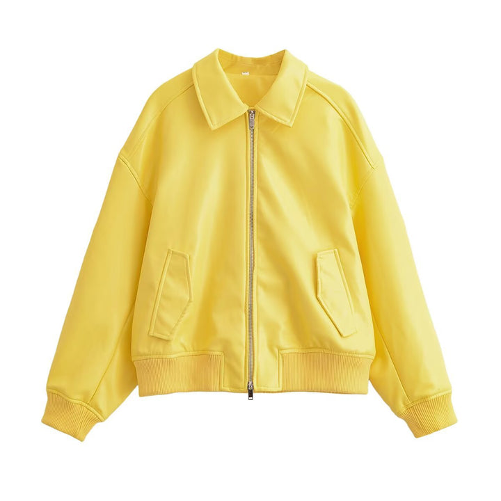 Women's Oversized Bomber Jacket with Zipper, Collar, Ribbed Cuffs and Flap Pockets Mune Fashion