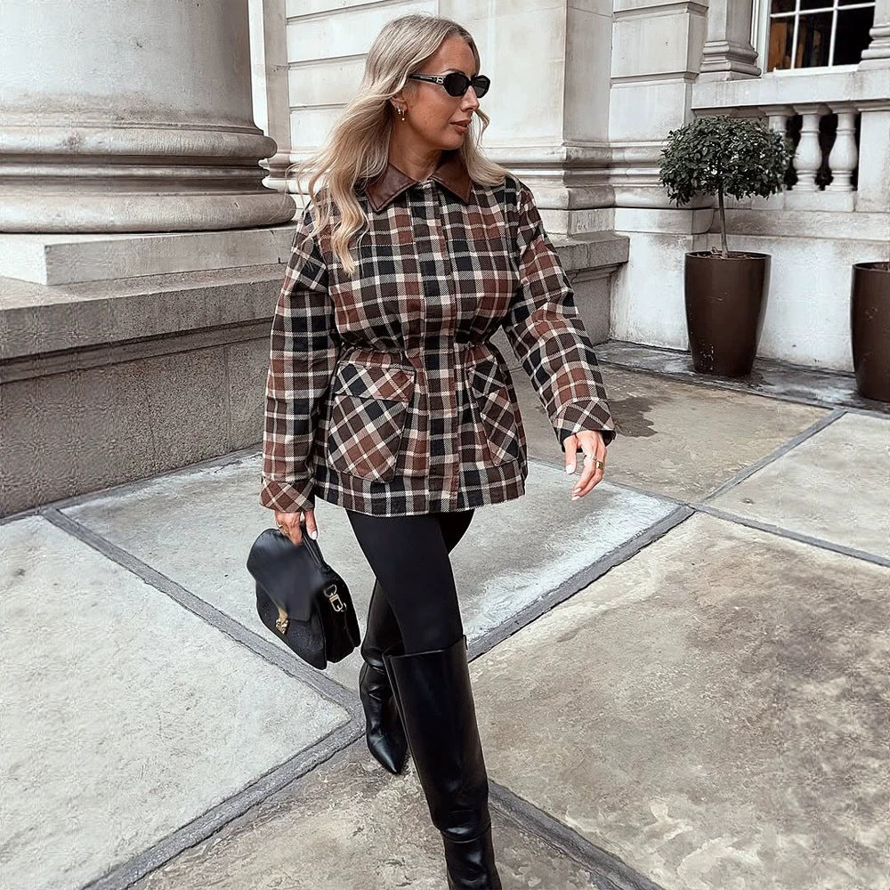 Women Checked Shacket with Waist Drawstring, Flap Pockets & Leather-Look Collar Mune Fashion