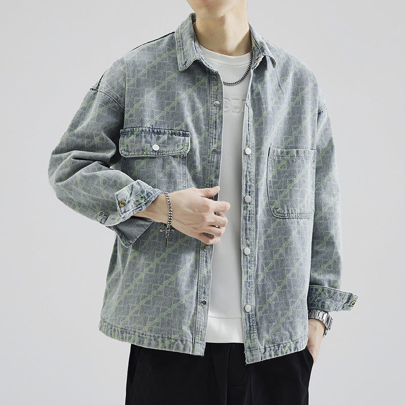 Men's Oversized Denim Jacket with Allover Monogram, Snap Button Closure and Applied Chest Pockets Mune Fashion