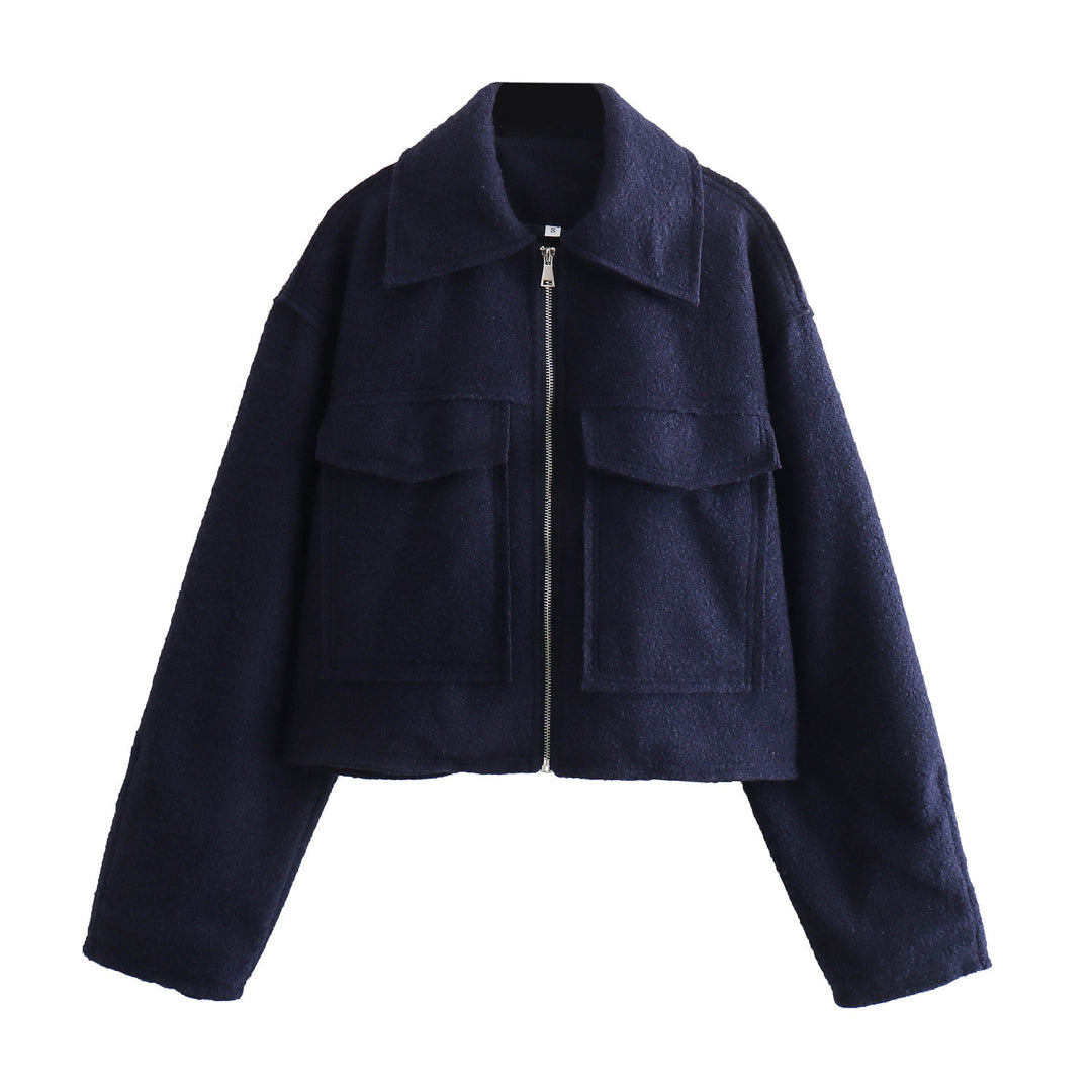 Women Short Boucle Jacket in Boxy Cut with Zip and Flap Pockets Mune Fashion