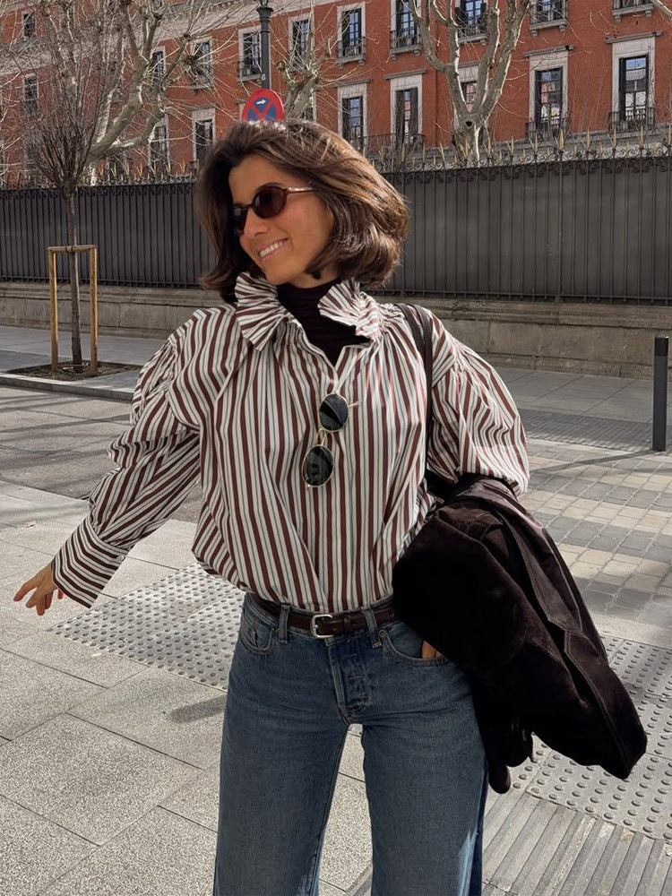 Women Striped Oversized Blouse with Ruffled Collar & Voluminous Puff Sleeves Mune Fashion