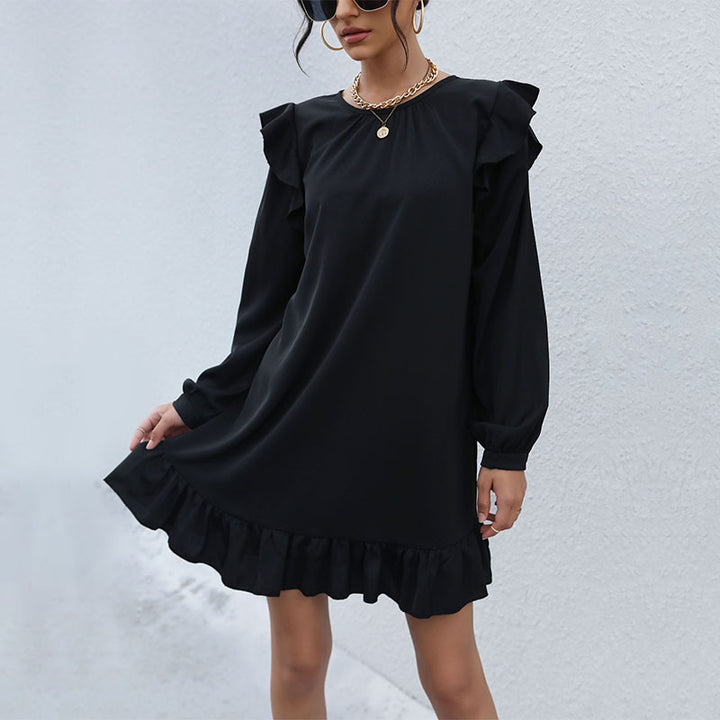 Women’s A-line Mini Dress with Ruffle Shoulders and Ruffle Hem Mune Fashion