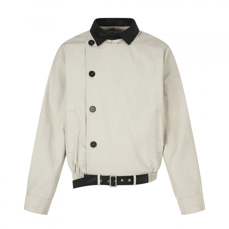 Men's short-cut bomber blouson jacket in vintage canvas with leather collar and waist belt Mune Fashion