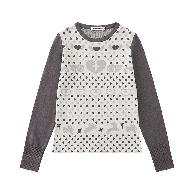 Ladies fine knit pullover with jacquard motif, round neckline and contrast sleeves Mune Fashion