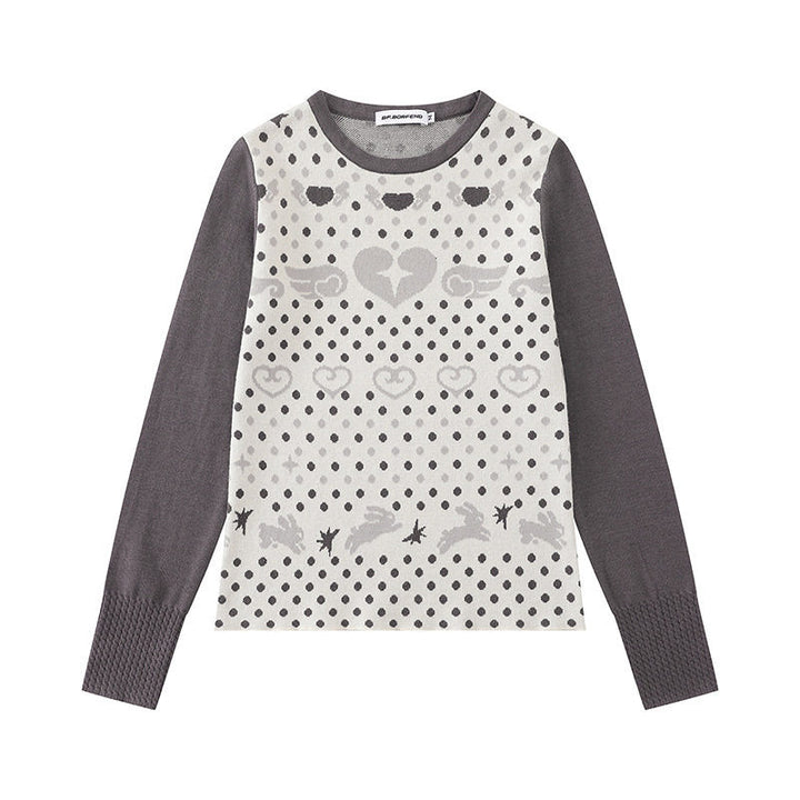Ladies fine knit pullover with jacquard motif, round neckline and contrast sleeves Mune Fashion