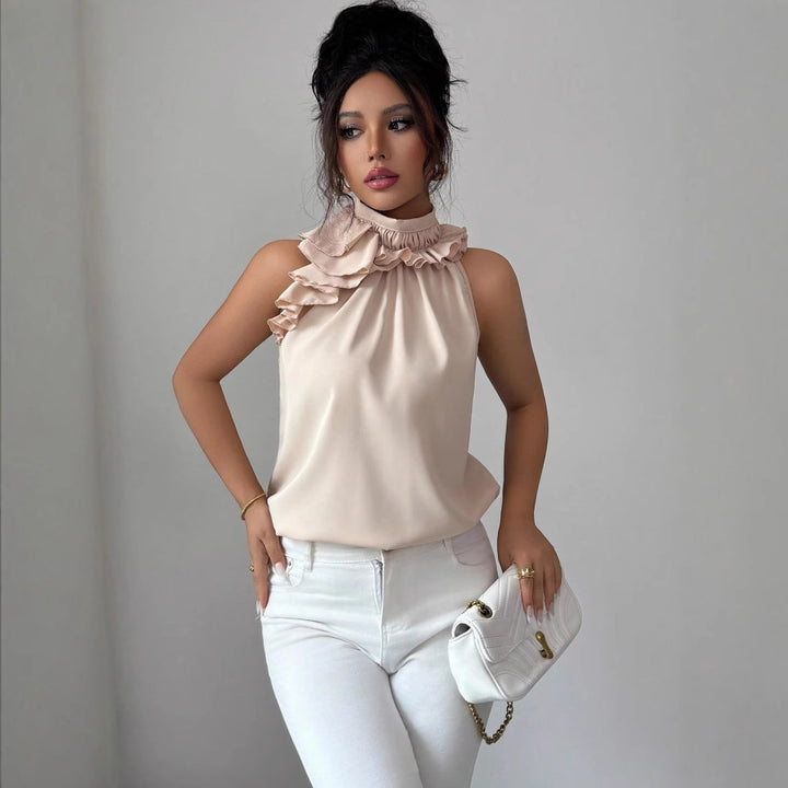Women's High-Neck Chiffon Top with Ruffled Collar and Asymmetrical Flounce Mune Fashion