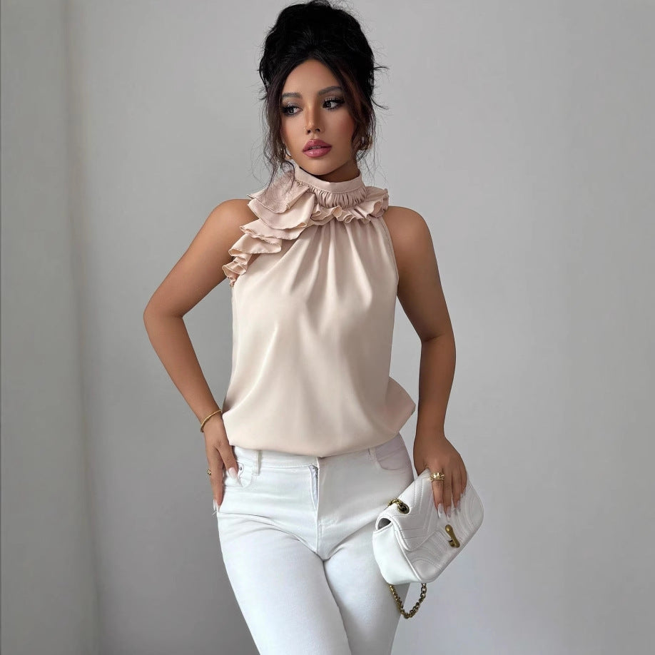 Women's High-Neck Chiffon Top with Ruffled Collar and Asymmetrical Flounce Mune Fashion