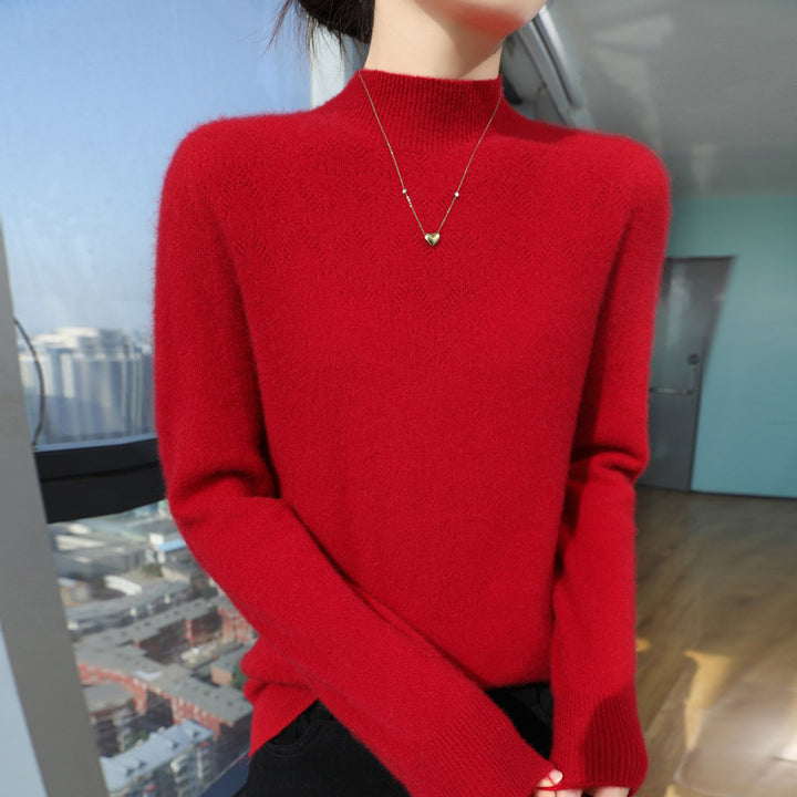 Women Slim Minimalist Stand Collar Fine Knit Sweater with Ribbed Neck Mune Fashion