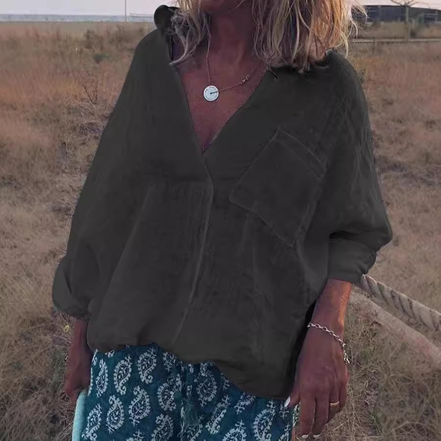 Women Oversized Linen Look Blouse with Deep V-Neck, Patch Chest Pocket and Roll-Up Three-Quarter Sleeves Mune Fashion