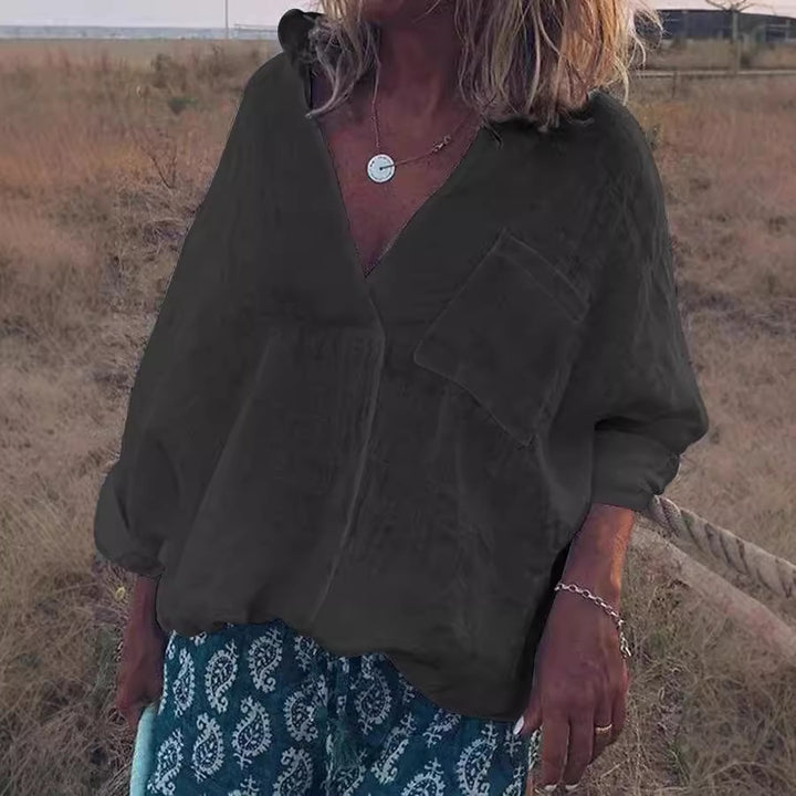 Women Oversized Linen Look Blouse with Deep V-Neck, Patch Chest Pocket and Roll-Up Three-Quarter Sleeves Mune Fashion