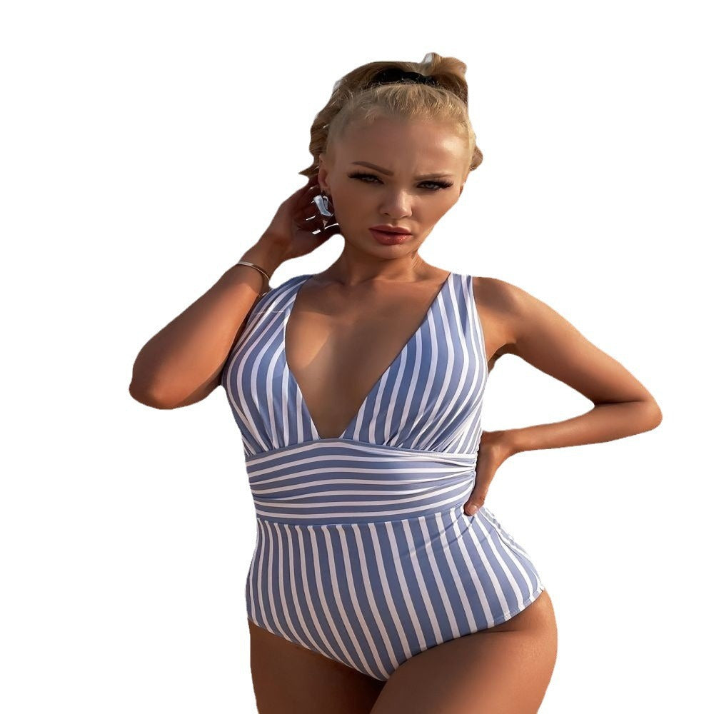 Women Elegant V-Neck One-Piece with Striped Design Mune Fashion