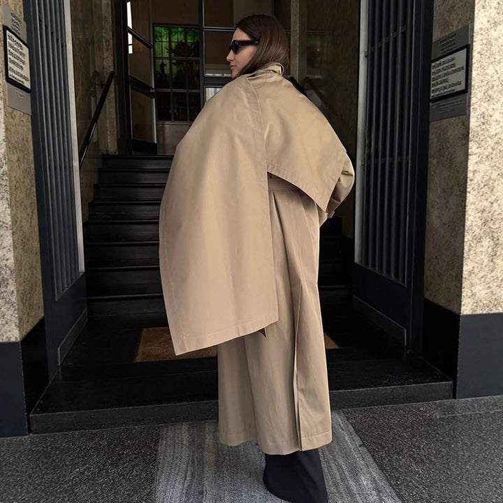Women's Mid-Length Trench Coat with Poncho-Like Cape Overlay & Boxy Silhouette Mune Fashion
