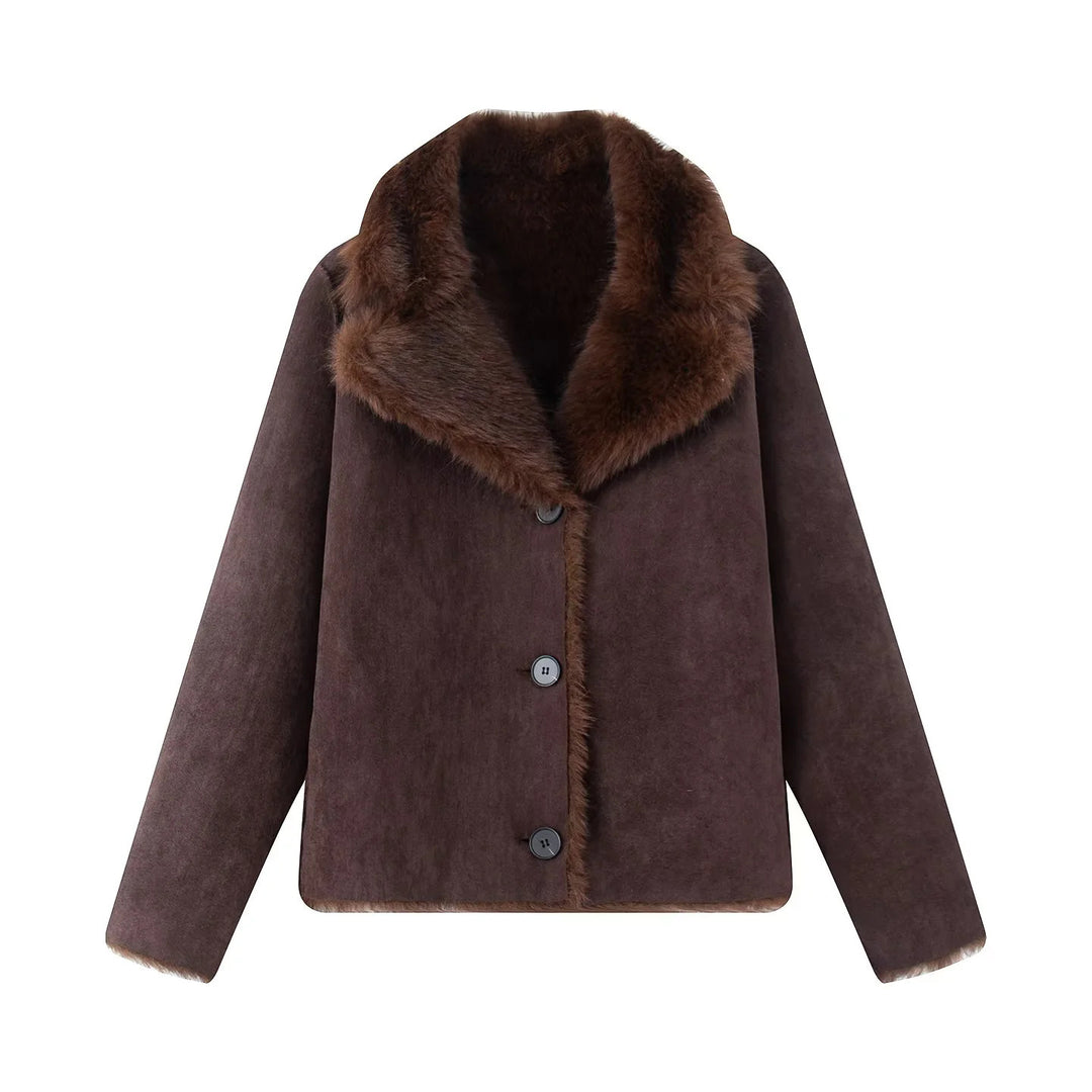 Women's nano short sheepskin-look jacket with voluminous shawl collar and concealed button placket Mune Fashion
