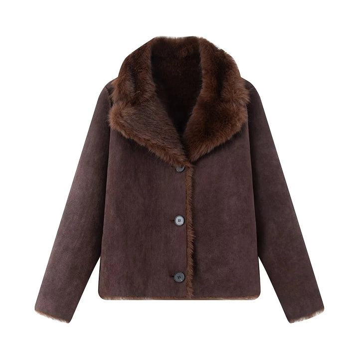 Women's nano short sheepskin-look jacket with voluminous shawl collar and concealed button placket Mune Fashion