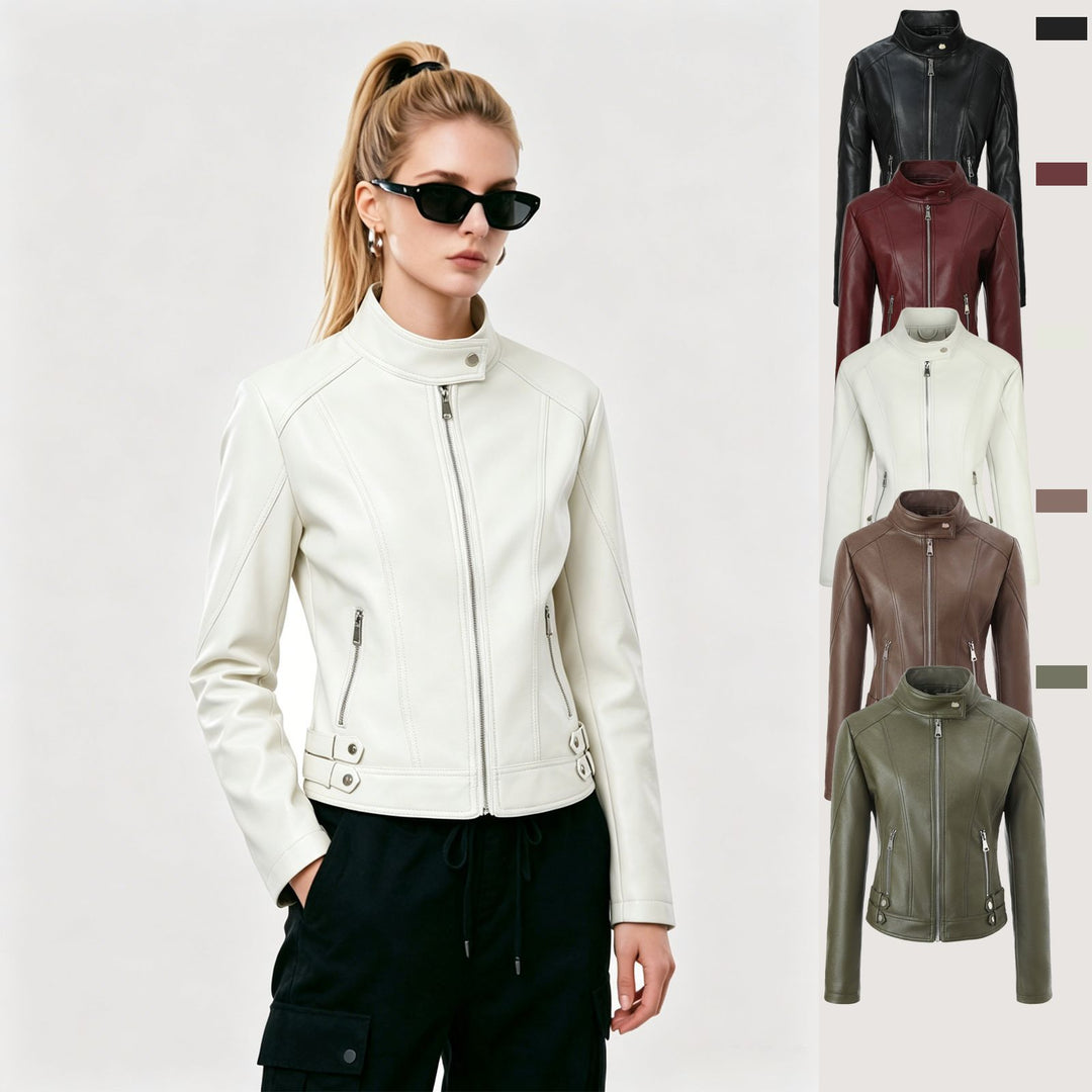 Women's short fitted motorcycle jacket made of faux leather with stand collar and buckle straps Mune Fashion