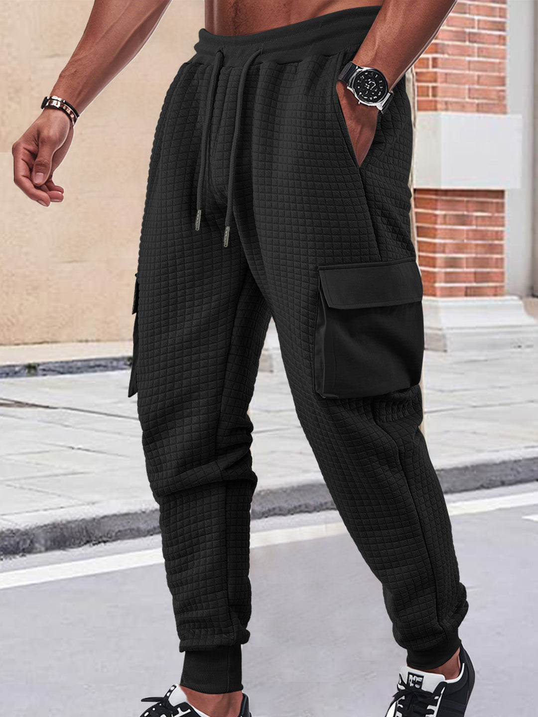 Men's Nano Square Structured Cargo Jogging Pants with Drawstring Waist and Patch Side Pockets Mune Fashion