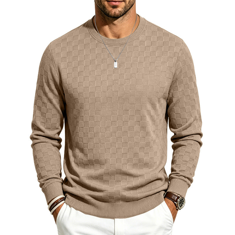 Men's Fine Round Neck Knit Sweater with Discreet Checkered Pattern Mune Fashion