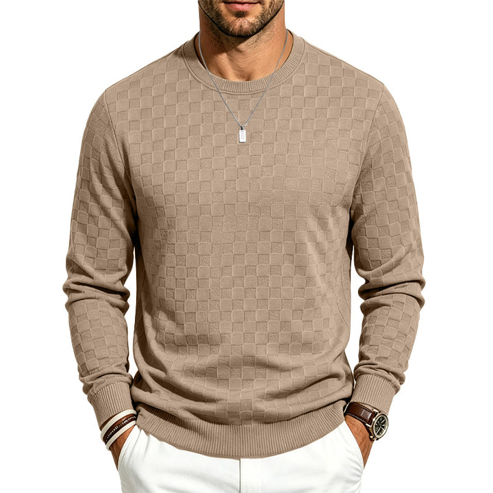 Men's Fine Round Neck Knit Sweater with Discreet Checkered Pattern Mune Fashion