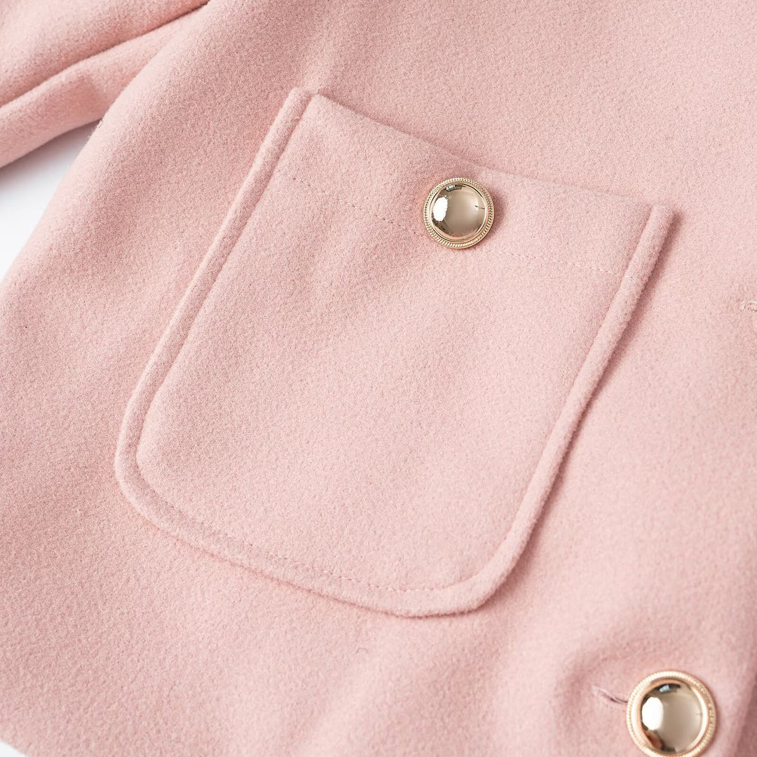 Women's short jacket made of wool blend with round neckline, patch pockets and gold decorative buttons Mune Fashion
