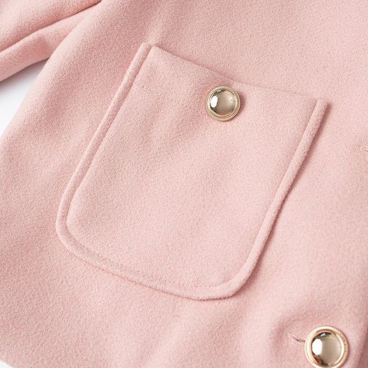 Women's short jacket made of wool blend with round neckline, patch pockets and gold decorative buttons Mune Fashion