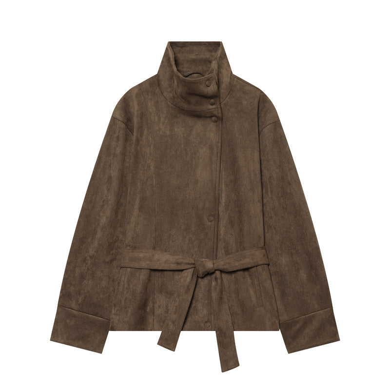 Women's short jacket in boxy cut made of suede look with high stand-up collar and tie belt Mune Fashion