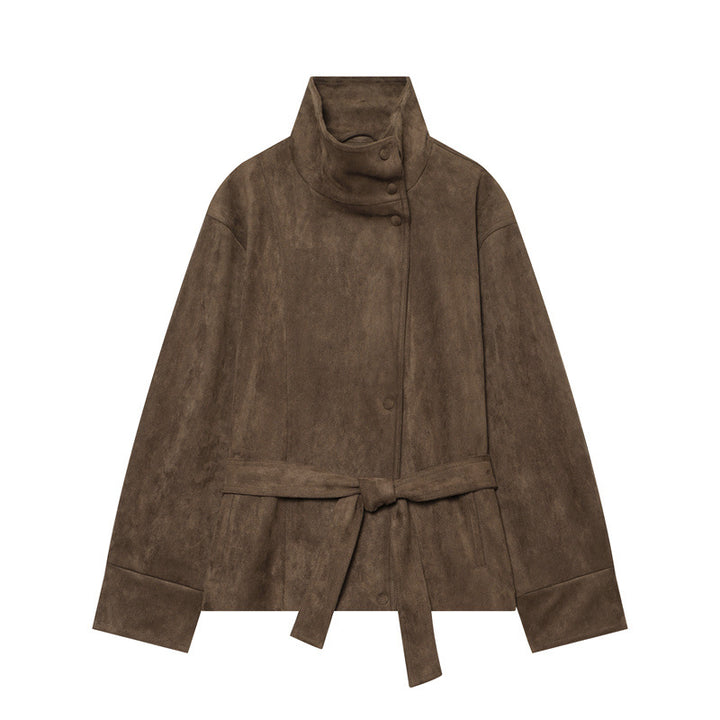 Women's short jacket in boxy cut made of suede look with high stand-up collar and tie belt Mune Fashion