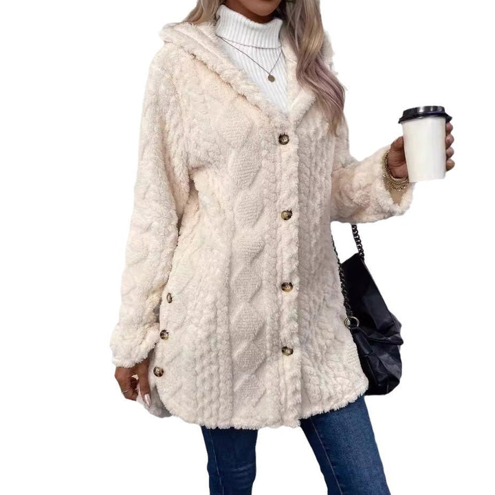 Women's hooded teddy coat with cable pattern, decorative buttons and warm fleece lining Mune Fashion