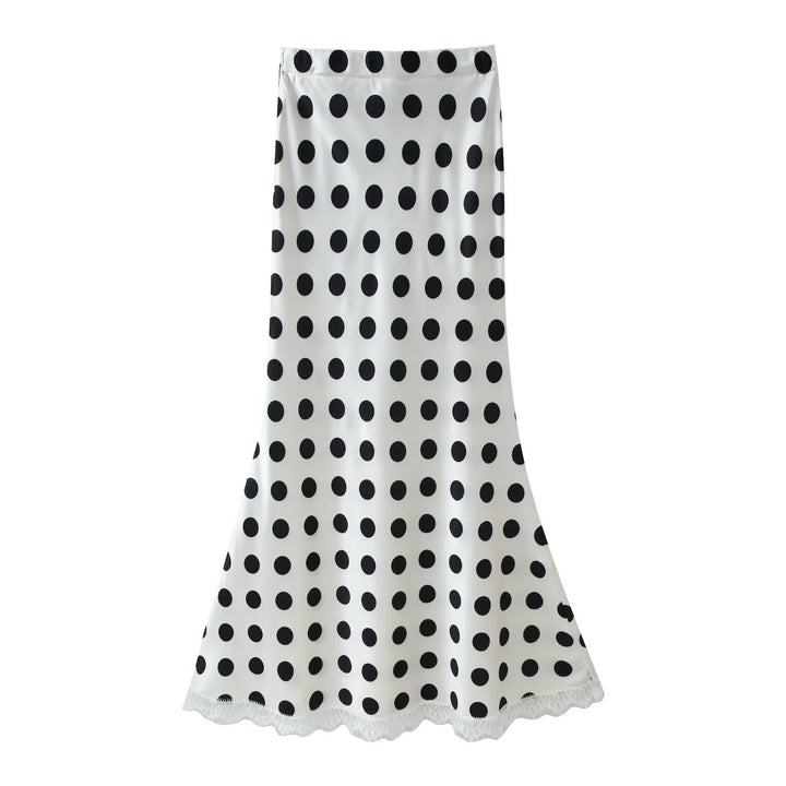 Women Two-Piece Dotted Silk Blouse and Midi Skirt Set with Shawl Collar Mune Fashion