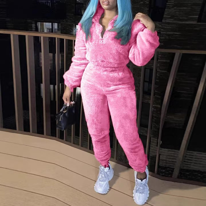 Women's cozy teddy lounge set with half zip and high-waist jogger Mune Fashion