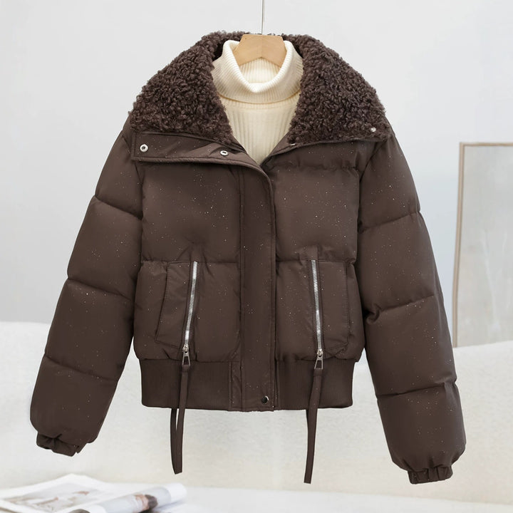 Women's cropped puffer jacket with teddy collar, zip pockets and ribbed cuffs Mune Fashion