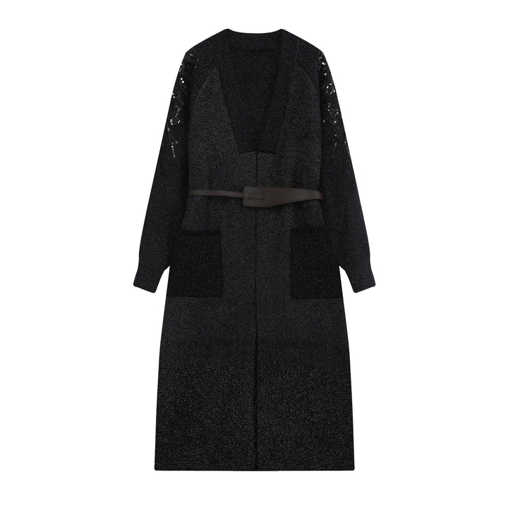 Ladies Long Cardigan with Belt, Deep V-Neck and Embroidered Sequin Sleeves Mune Fashion