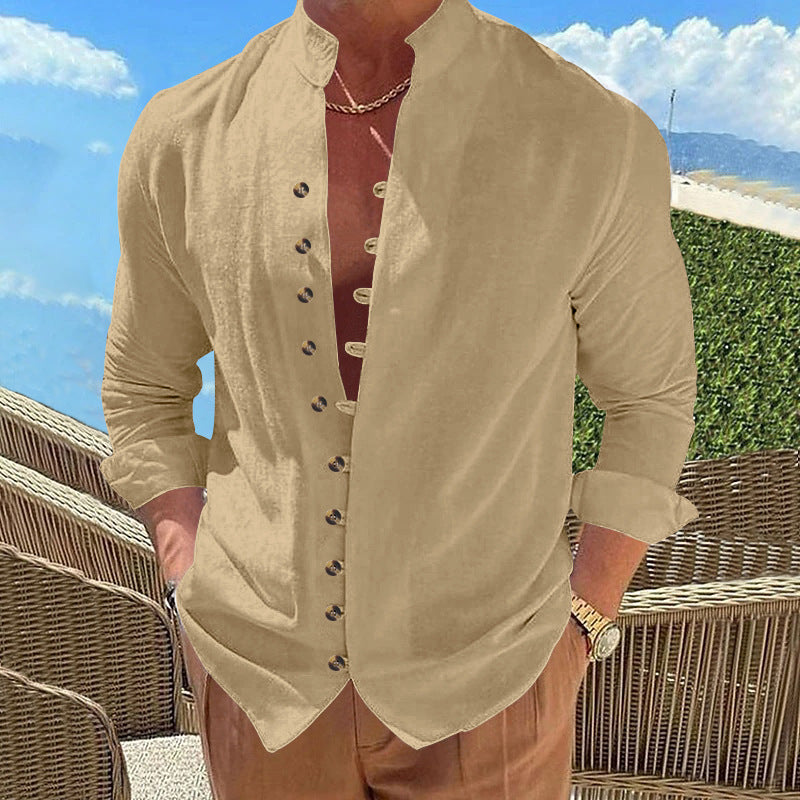Men's long-sleeved stand-collar shirt made from a lightweight linen-viscose blend with asymmetric decorative button placket Mune Fashion