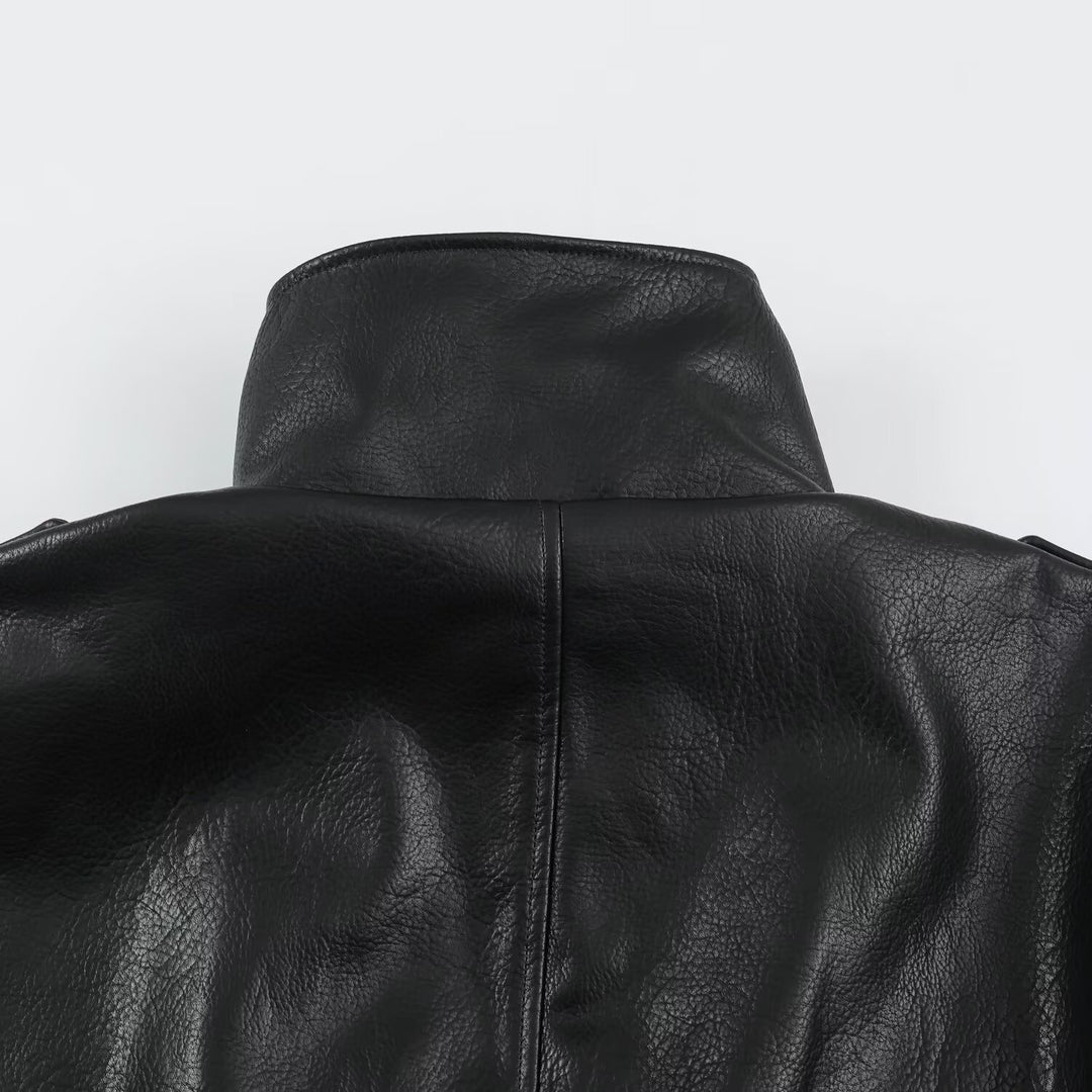 Men's biker leather jacket with high stand-up collar, shoulder flaps and waist belt Mune Fashion