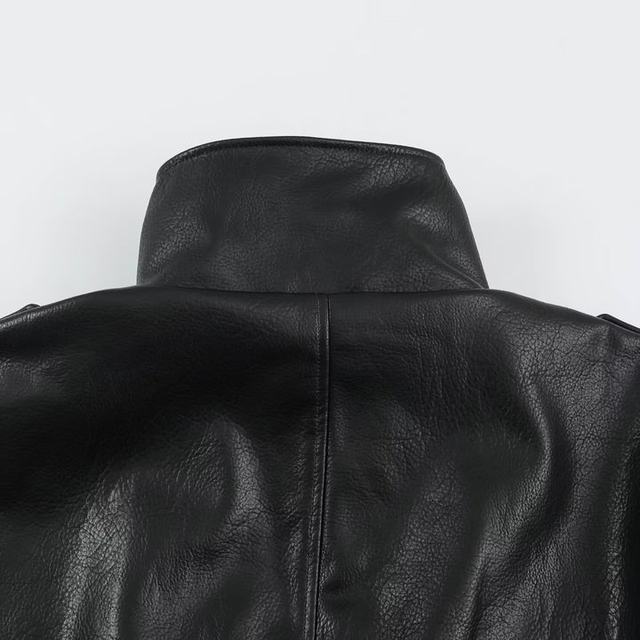 Men's biker leather jacket with high stand-up collar, shoulder flaps and waist belt Mune Fashion