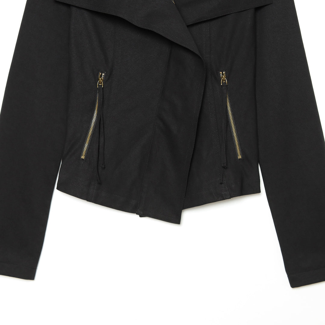 Ladies Asymmetrical Transitional Jacket with Wide Lapel and Drawstring Hood