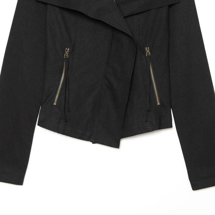 Ladies Asymmetrical Transitional Jacket with Wide Lapel and Drawstring Hood