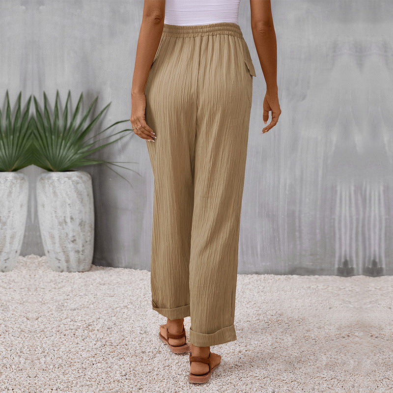 Women's Lightweight Linen Look Pants with Elastic Waistband, Drawstring and Straight Leg Mune Fashion