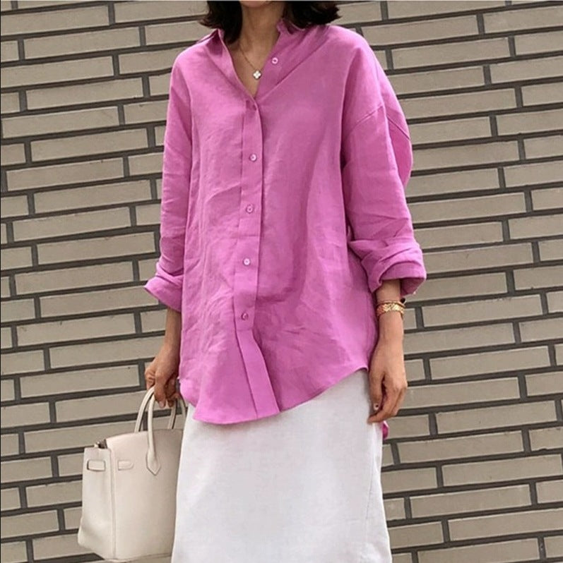 Women's Urban Oversized Linen Shirt with Open Collar and Boxy Silhouette Mune Fashion
