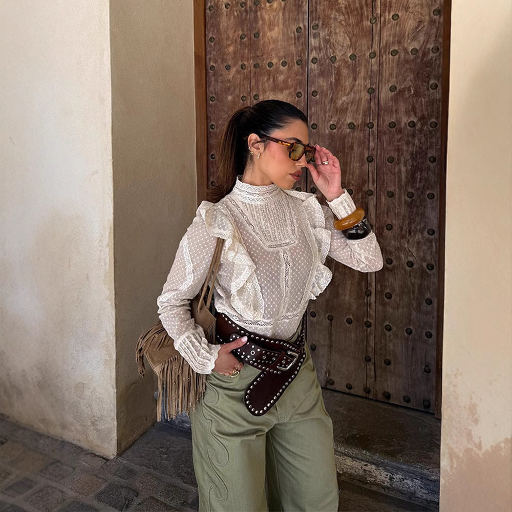 Women's Transparent Dobby Lace Blouse with High Stand-Up Collar, Ruffles & Button Cuffs Mune Fashion