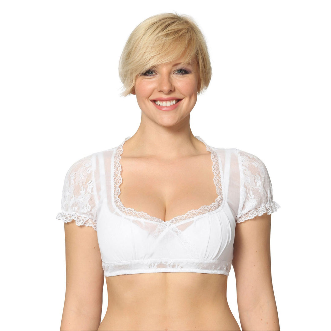 Women's traditional Dirndl blouse with fine lace, deep heart neckline, and gathered waist Mune Fashion