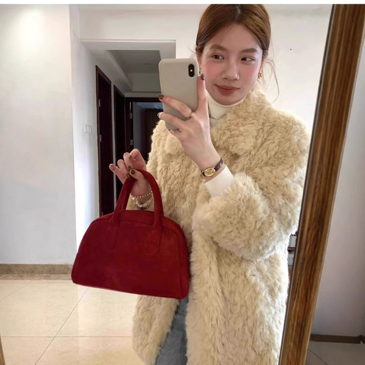 Women's Short Teddy Faux Fur Coat with Full Collar and Boxy Silhouette Mune Fashion
