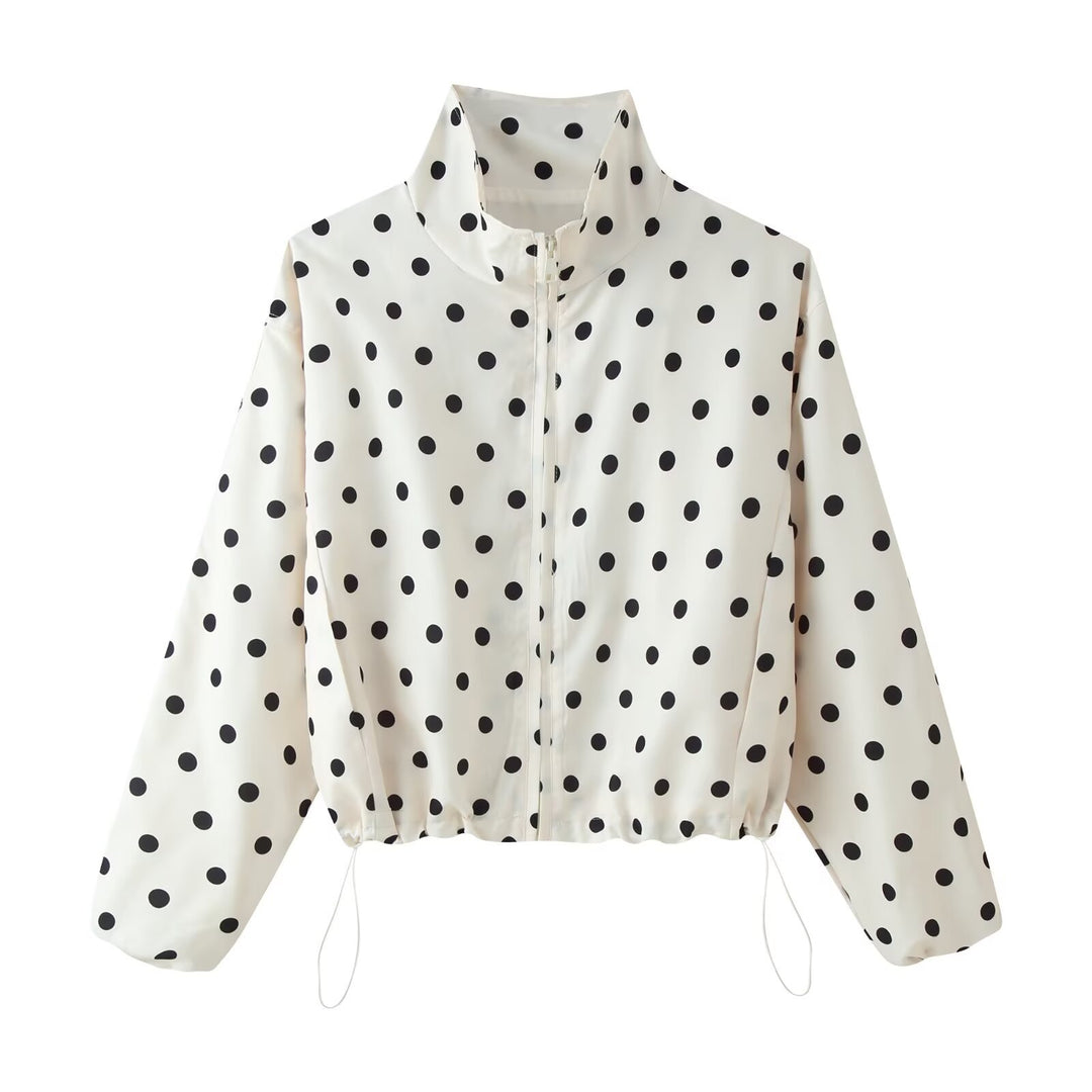 Women Lightweight Transition Jacket with Stand-Up Collar, Zipper and Polka Dot Pattern Mune Fashion
