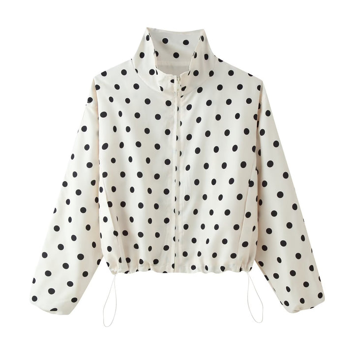 Women Lightweight Transition Jacket with Stand-Up Collar, Zipper and Polka Dot Pattern Mune Fashion