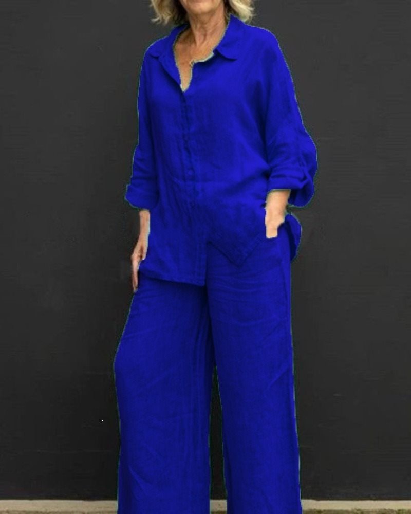 Women's Lightweight Linen Loungewear Set with Oversized Shirt and Wide Palazzo Pants Mune Fashion